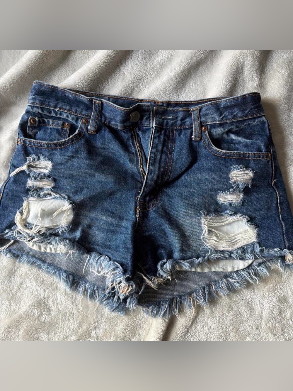 Ripped Frayed Hem Dark Blue Denim Shorts